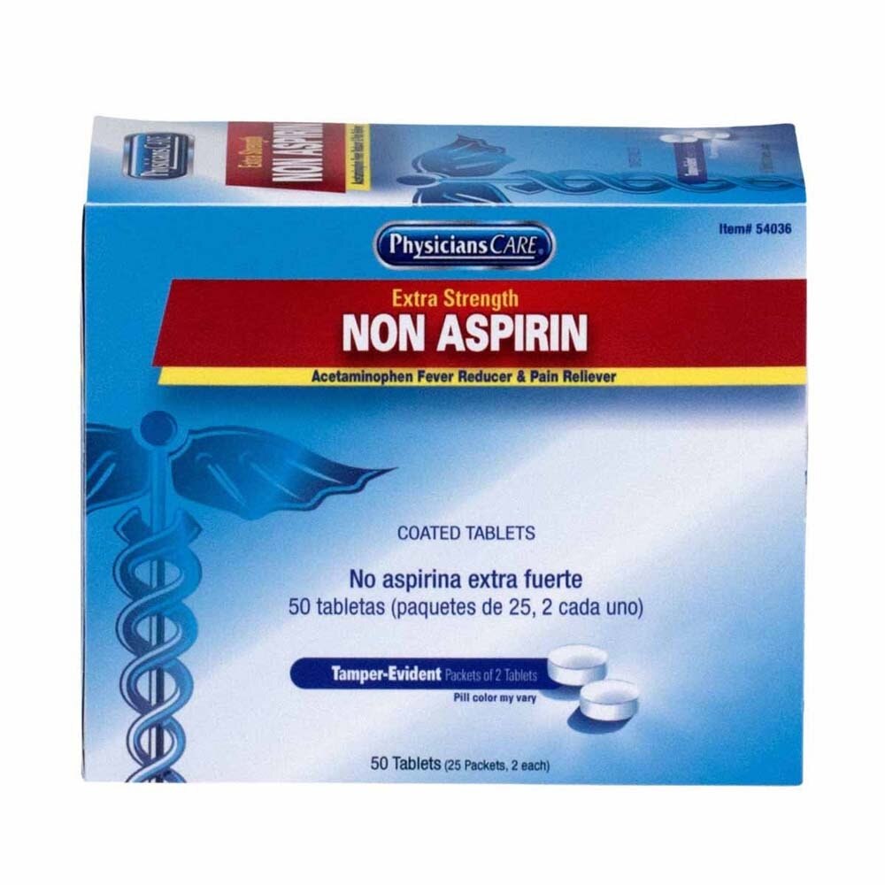 First Aid Only 54036 PhysiciansCare Extra-Strength Non-Aspirin tablets for pain and fever relief (50 Tablets, 25 Packets of 2)