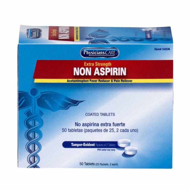 First Aid Only 54036 PhysiciansCare Extra-Strength Non-Aspirin tablets for pain and fever relief (50 Tablets, 25 Packets of 2)