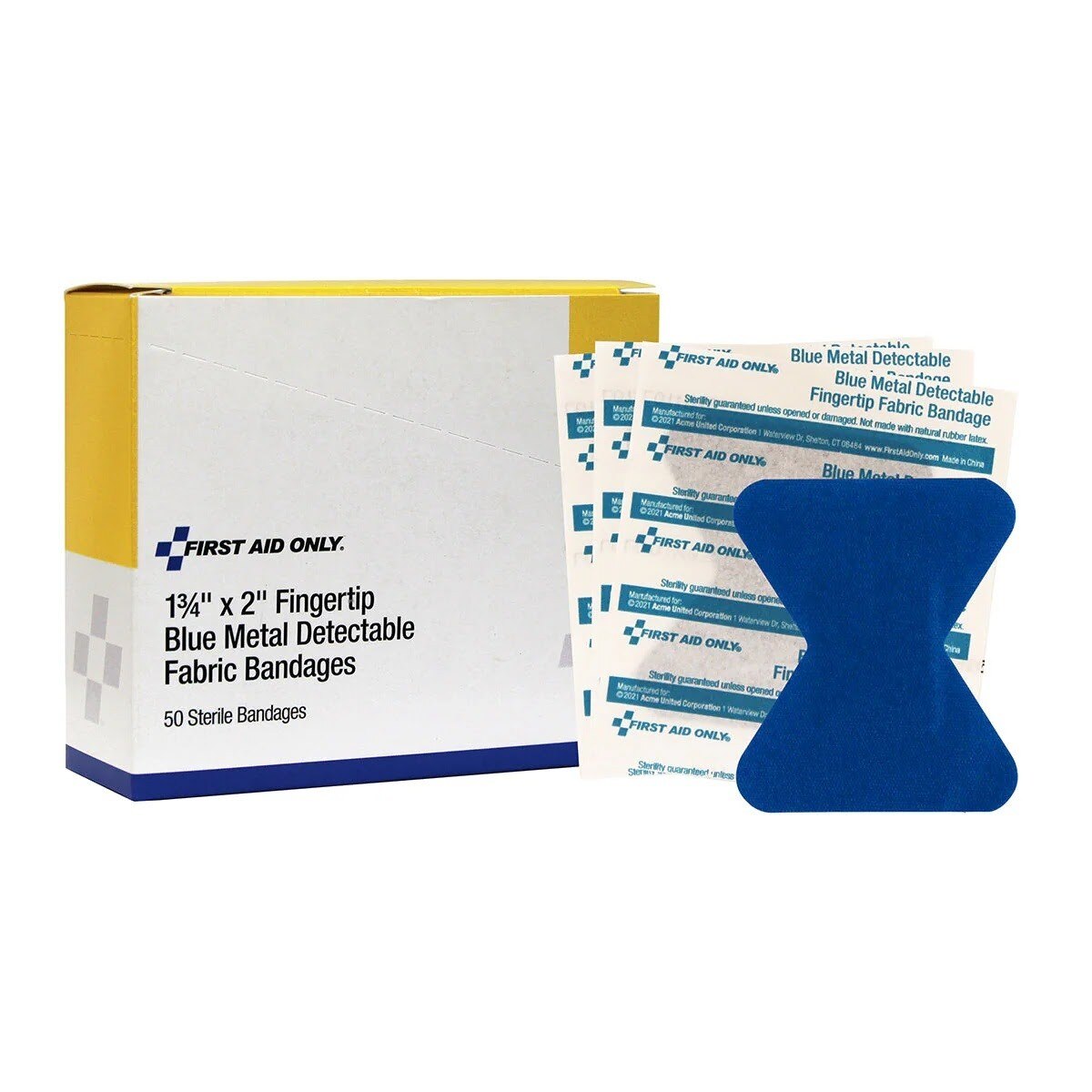 First Aid Only 91667 1 3/4 in. x 2 in. Fingertip Blue Metal Detectable Fabric Bandages (50 Pack) - 2