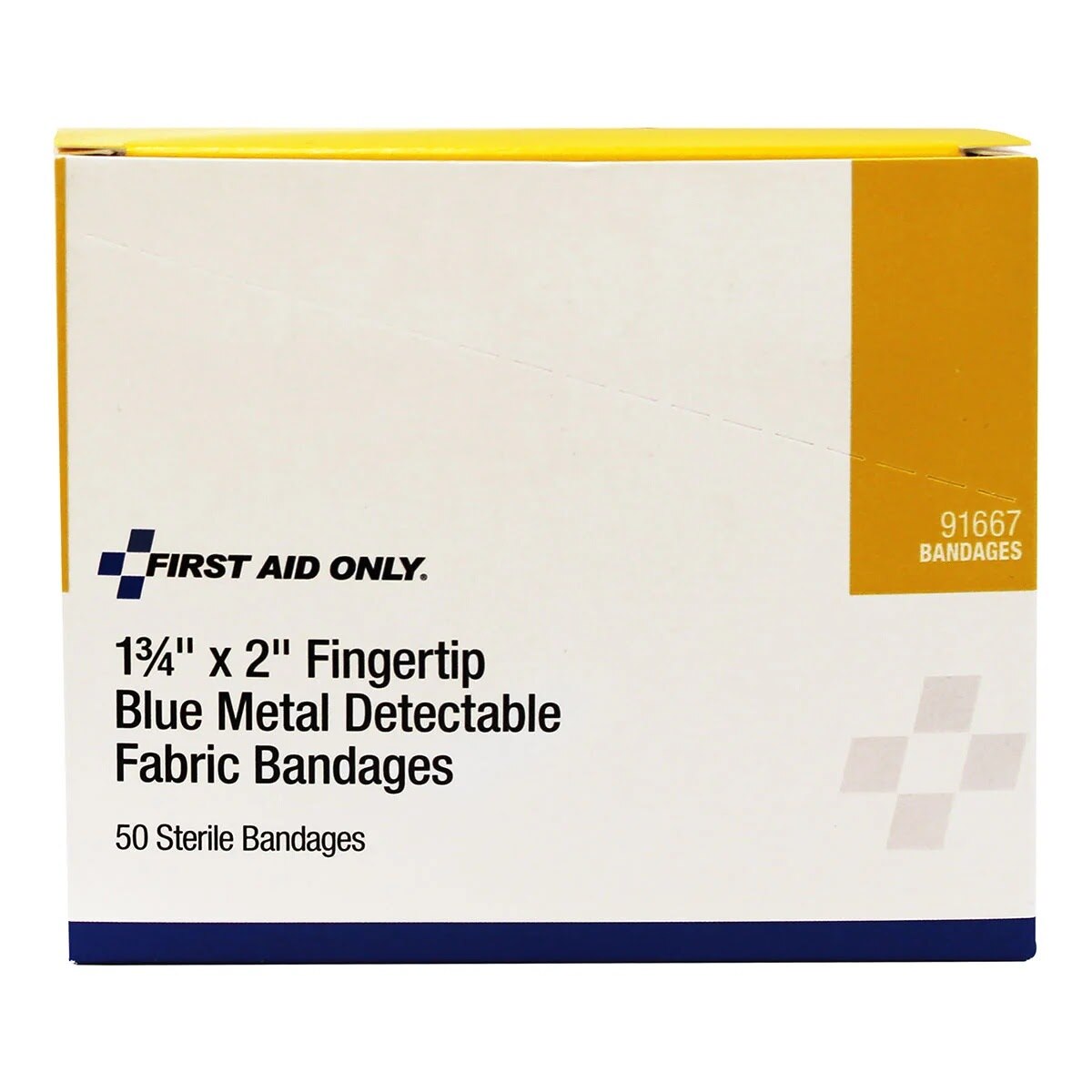 First Aid Only 91667 1 3/4 in. x 2 in. Fingertip Blue Metal Detectable Fabric Bandages (50 Pack) - 3