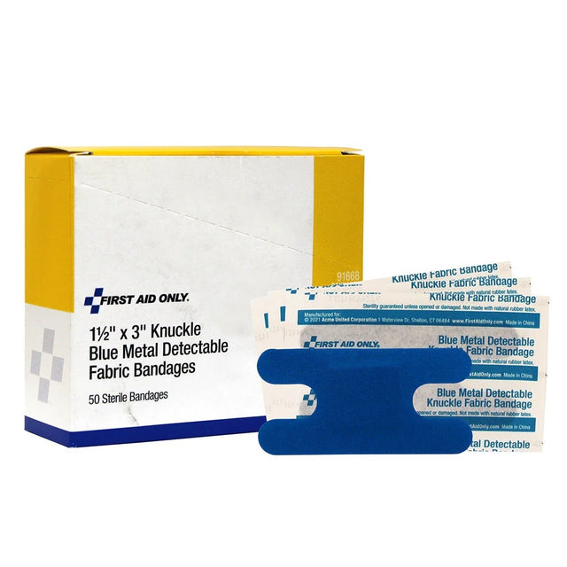 First Aid Only 91668 1 1/2 in x 3 in Blue Metal Detectable Fabric Knuckle Bandages (50 Pack)