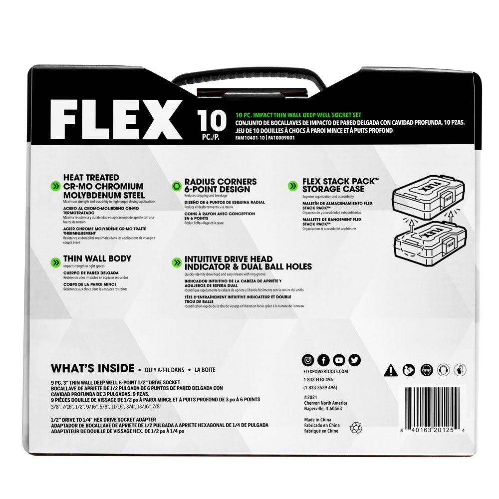 Flex FAM10401-10 Thin Wall Deep Well 6-Point 1/2" Drive Impact Nut Socket Set (10 Piece) - 3
