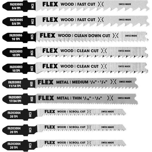 Flex FAM20301-10 T-Shank Jigsaw Blade Set Assorted 3-1/4" to 4" with Storage Case (10 Piece)