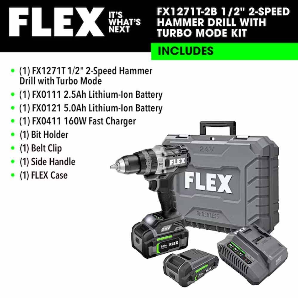 Flex FX1271T-2B 24V 1/2" 2 Speed Hammer Drill Driver with Turbo Mode Kit - 4