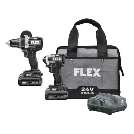 Flex FXM202-2K 24V 2-Tool Brushless Hammer Drill and Quick Eject Impact Driver Kit with Soft Case (2 Batteries, Charger)