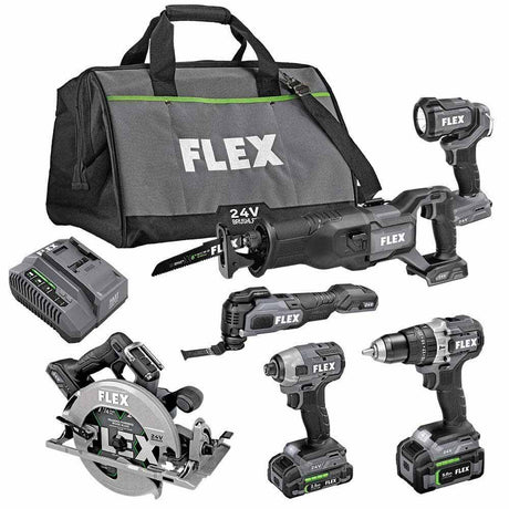 Flex FXM601-2B 24V Brushless 6 Tool Combo Kit Hammer Drill Impact Driver 7-1/4" Circular Saw Oscillating Multi-Tool Reciprocating Saw and Work Light