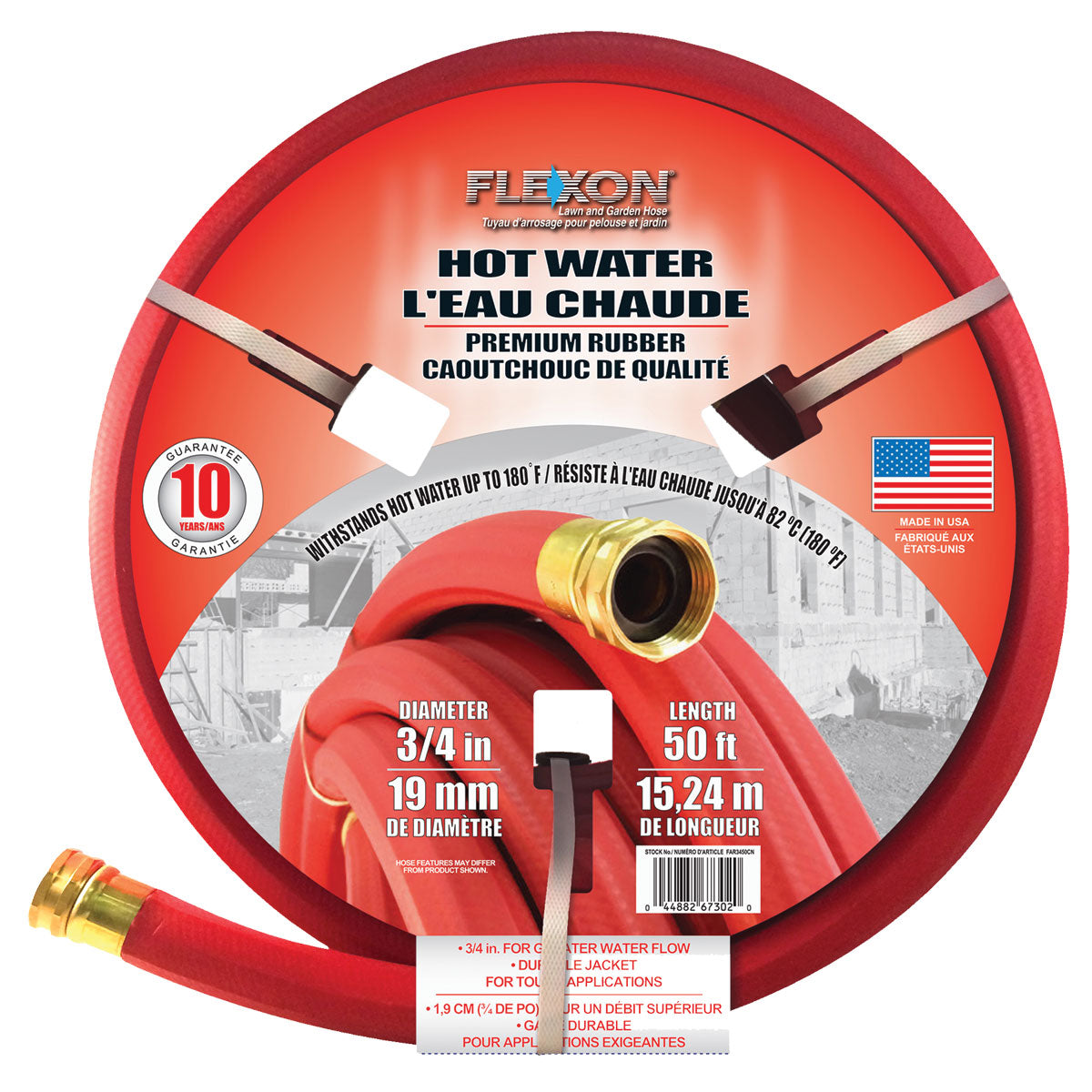 Flexon FAR3450 3/4" x 50' ft. Premium Commercial Red Hot Water Rubber Hose