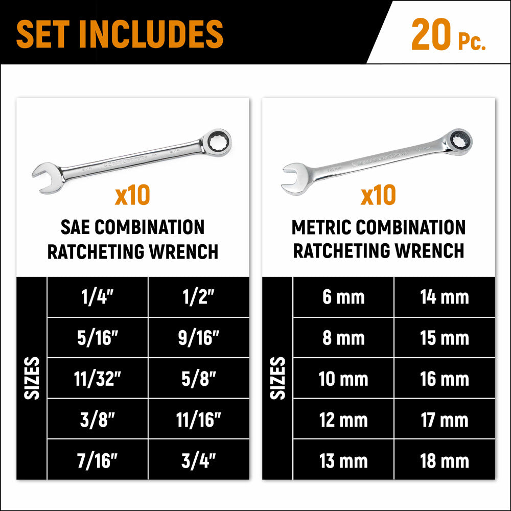 GearWrench 35720-06 20-Piece Set 12-Point Standard (SAE) and Metric Combination Ratchet Wrench Set - 7