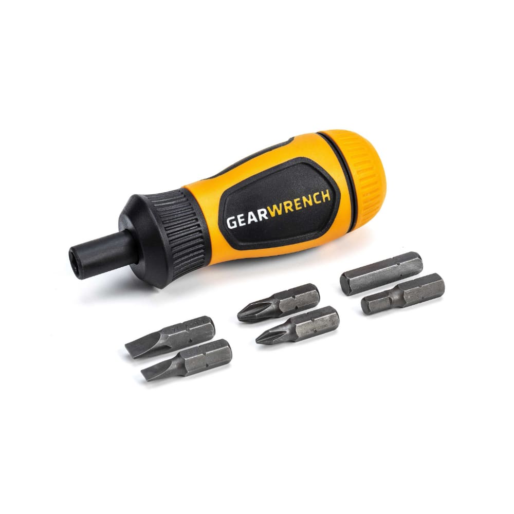GearWrench 80061R 6-in-1 Stubby Ratcheting Multi-Bit Driver - Compact Multi-Bit Ratcheting Screwdriver with Bit Storage
