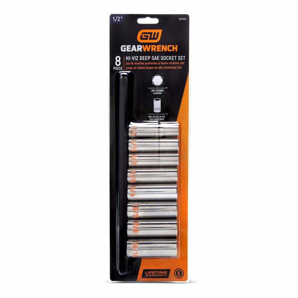 GearWrench 80705H 8 Piece 1/2" Drive 6 Point SAE Hi-Viz Deep Socket Set - 6