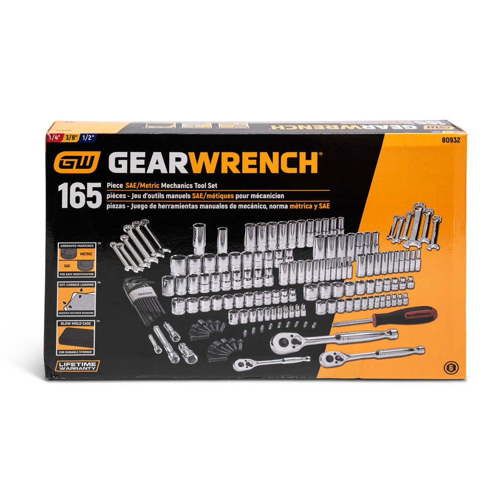 GearWrench 80932 165 Pc. 1/4", 3/8" & 1/2" Drive 6 Point Standard & Deep SAE/Metric Mechanics Tool Set - 8