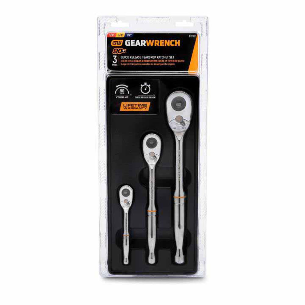 GearWrench 81310T 3 Pc. 1/4", 3/8" and 1/2" Drive 90-Tooth Quick Release Teardrop Ratchet Set - 3