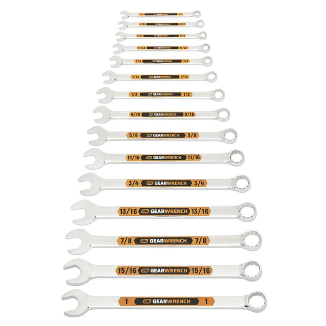 GearWrench 81901H Hi-Viz 12 Point SAE Long Pattern Combination Wrench Set with Rack (15 Piece)