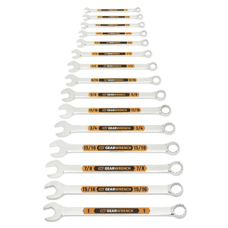 GearWrench 81901H Hi-Viz 12 Point SAE Long Pattern Combination Wrench Set with Rack (15 Piece)