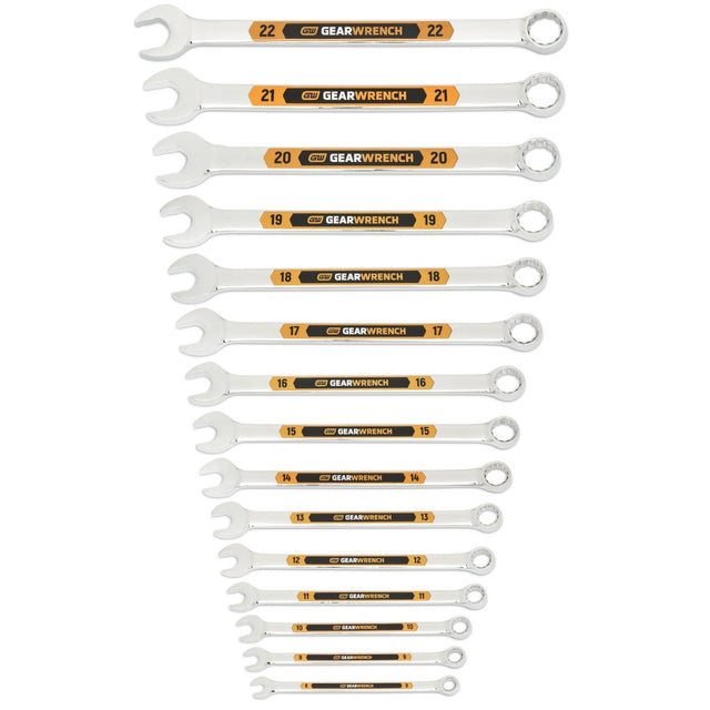 GearWrench 81902H 12 Point Metric Hi-Viz Long Pattern Combination Wrench Set 8 mm to 22 mm (15 Piece)