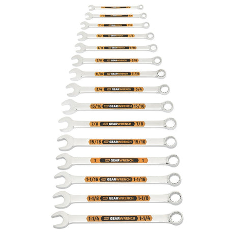 GearWrench 81918H Hi Viz 12 Point SAE Long Pattern Combination Wrench Set with Roll (15 Piece)