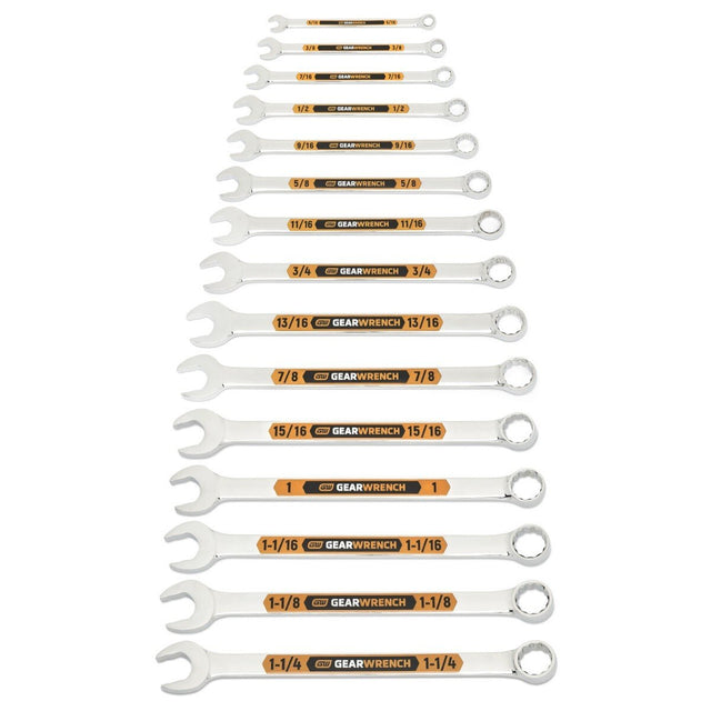 GearWrench 81918H Hi Viz 12 Point SAE Long Pattern Combination Wrench Set with Roll (15 Piece)