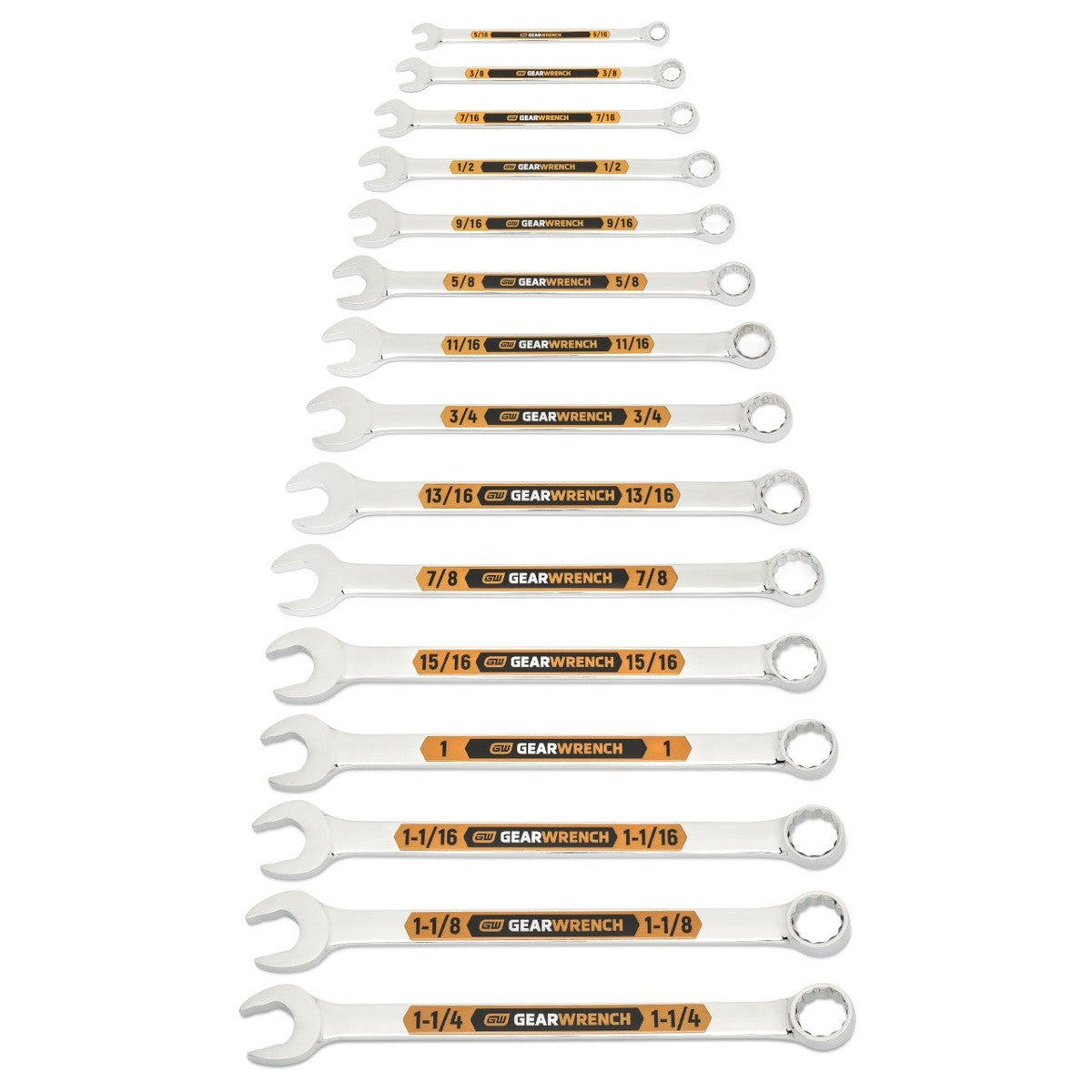 GearWrench 81918H Hi Viz 12 Point SAE Long Pattern Combination Wrench Set with Roll (15 Piece)