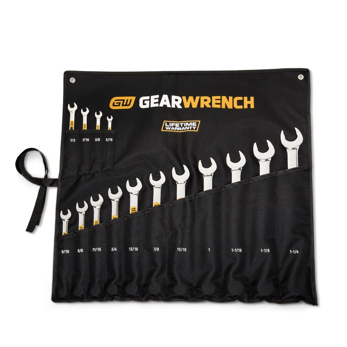 GearWrench 81918H Hi Viz 12 Point SAE Long Pattern Combination Wrench Set with Roll (15 Piece) - 5
