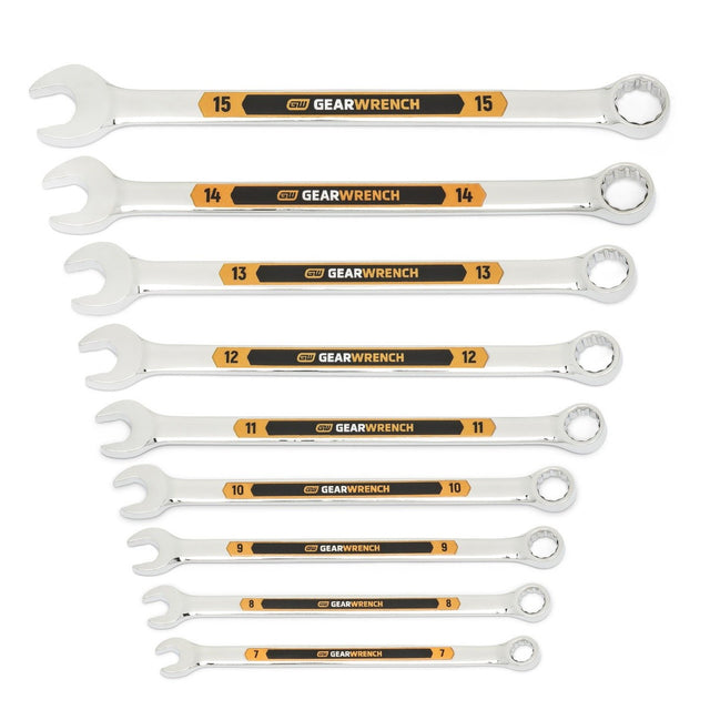 GearWrench 81932H 12 Point Metric Hi-Viz Long Pattern Combination Wrench Set with Tool Roll (9 Piece)