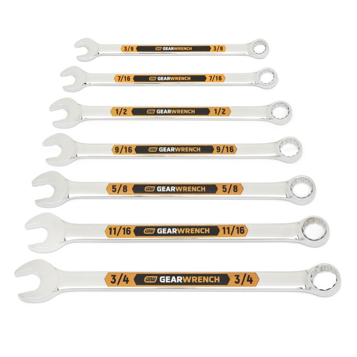 GearWrench 81933H 12 Point SAE Hi-Viz Long Pattern Combination Wrench Set with Tool Roll (7 Piece)