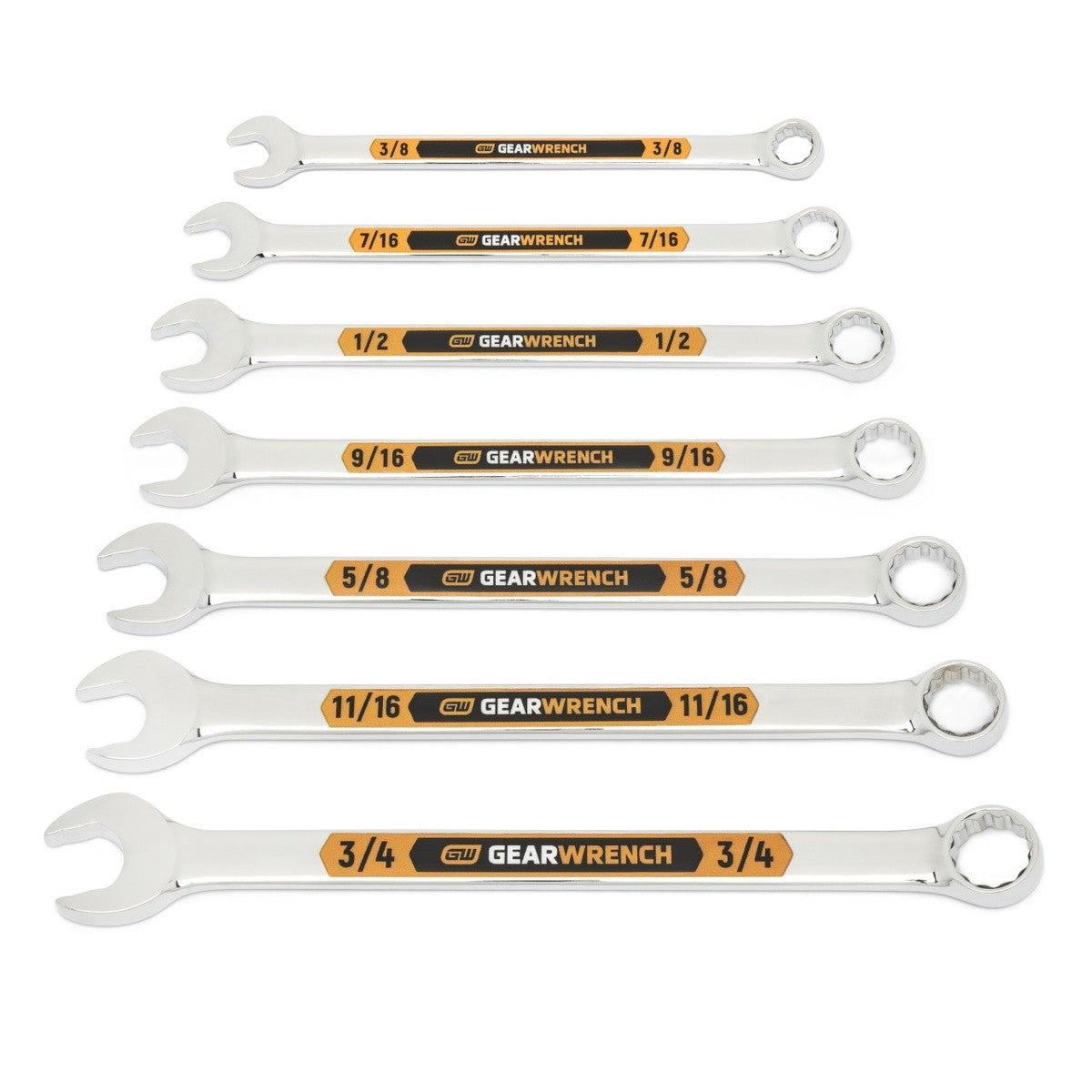 GearWrench 81933H 12 Point SAE Hi-Viz Long Pattern Combination Wrench Set with Tool Roll (7 Piece)