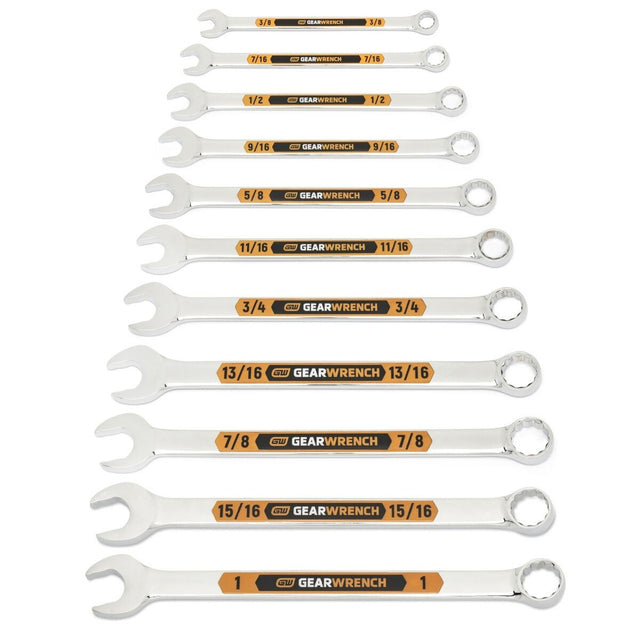 GearWrench 81934H 12 Point SAE Hi-Viz Long Pattern Combination Wrench Set with Tool Roll (11 Piece Set)