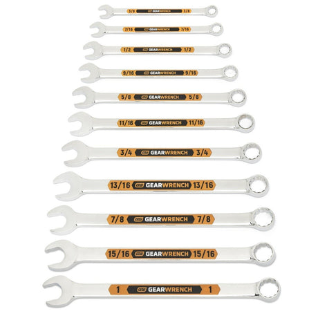 GearWrench 81934H 12 Point SAE Hi-Viz Long Pattern Combination Wrench Set with Tool Roll (11 Piece Set)