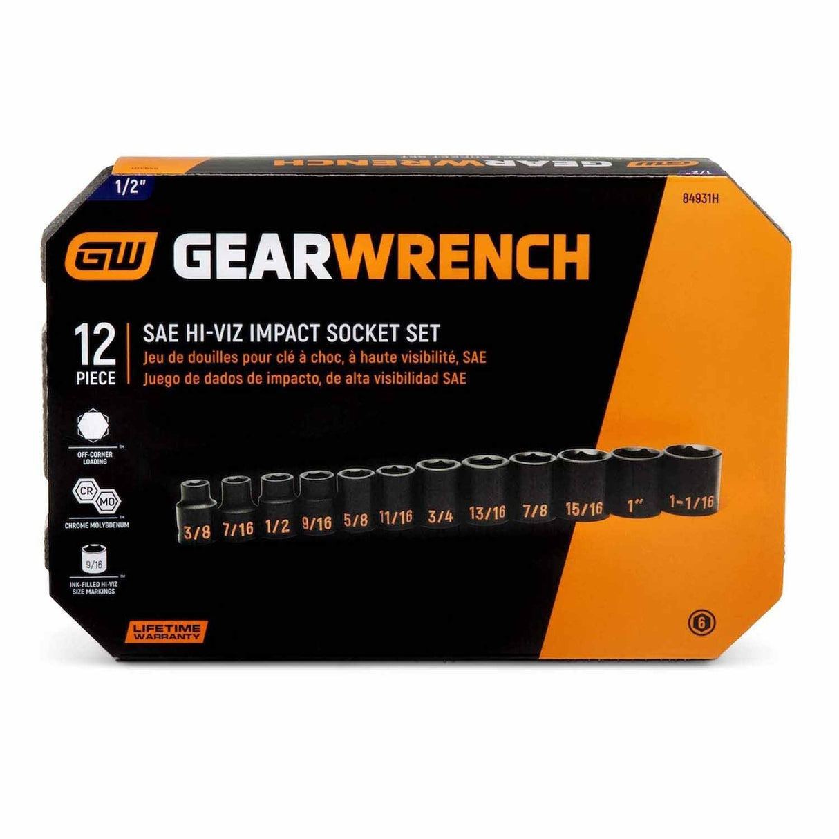 GearWrench 84931H 12 Piece 1/2" Drive 6 Point SAE Hi-Viz Impact Socket Set - 4