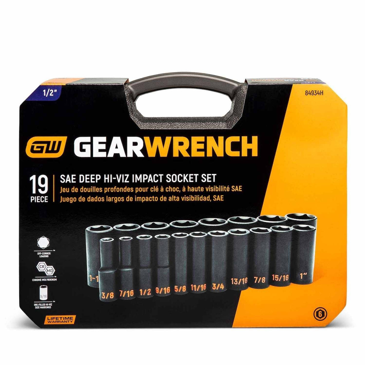 GearWrench 84934H 19 Piece 1/2" Drive 6 Point SAE Hi-Viz Deep Impact Socket Set - 4