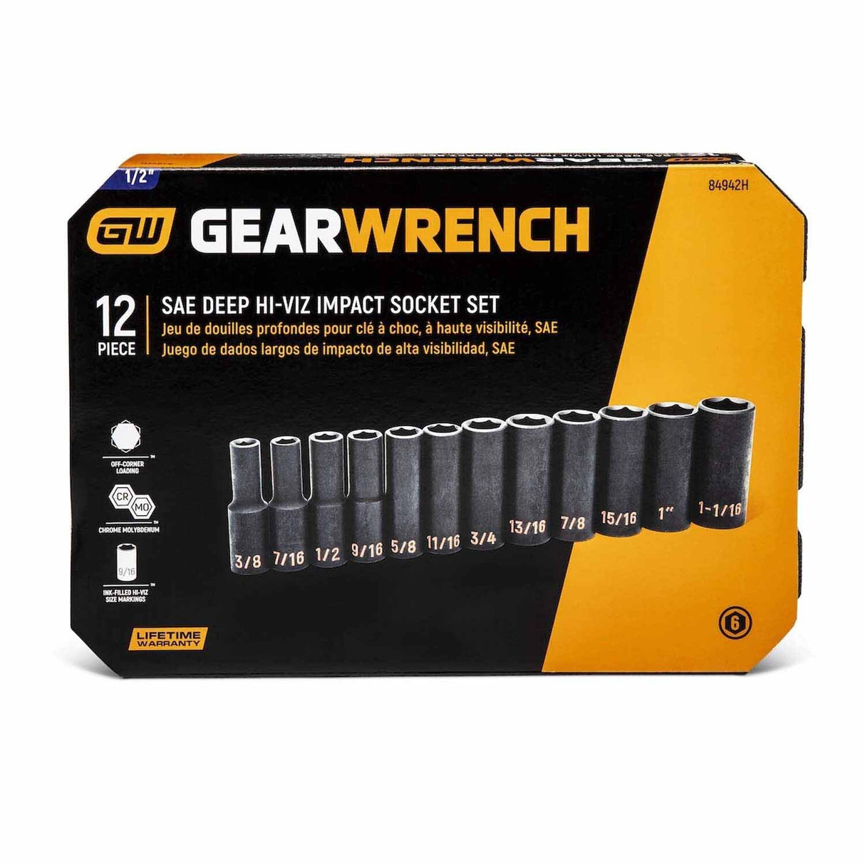 GearWrench 84942H 12 Piece 1/2" Drive 6 Point SAE Hi-Viz Deep Impact Socket Set - 4