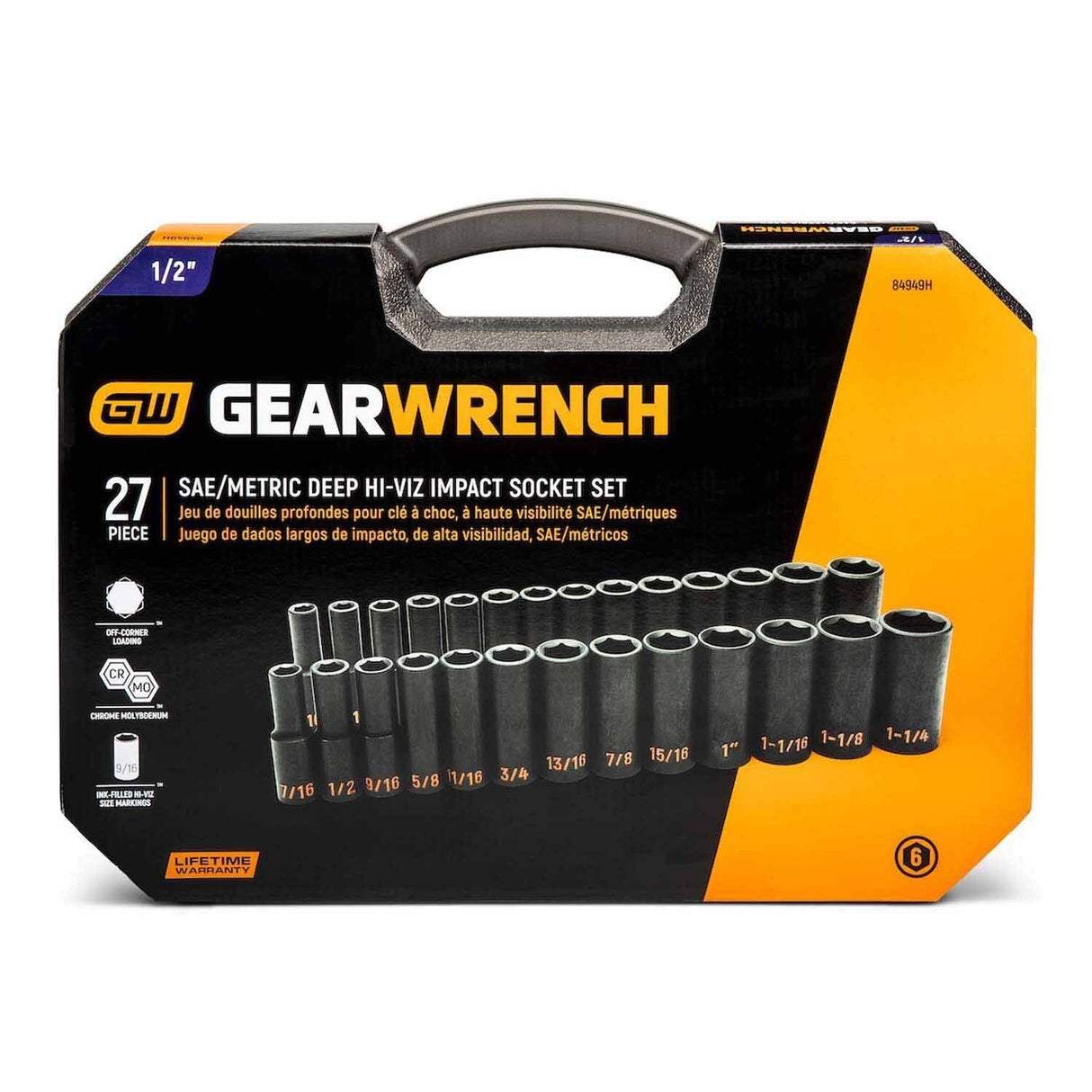 GearWrench 84949H 27 Piece 1/2" Drive 6 Point SAE Hi-Viz/Metric Hi-Viz Deep Impact Socket Set - 4