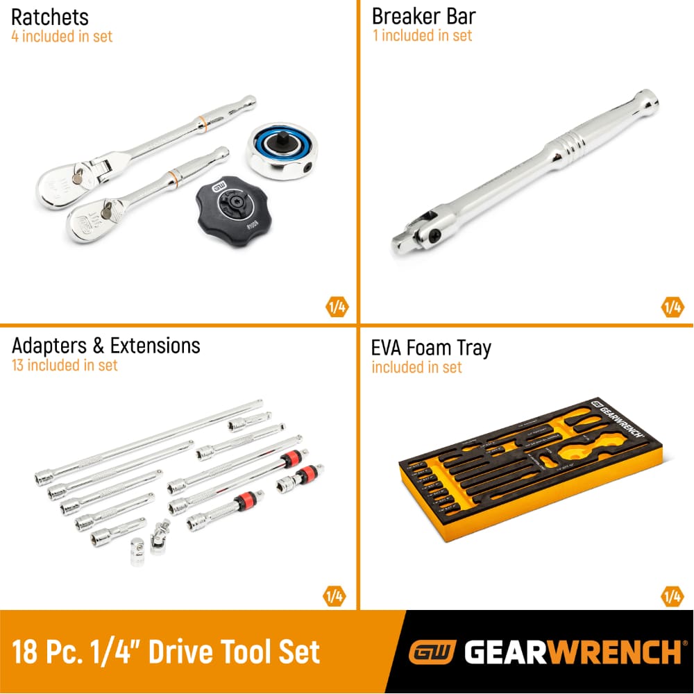 GearWrench 86520 18 Pc. 1/4" 90-Tooth Ratchet & Drive Tool Set with EVA Foam Tray - 2