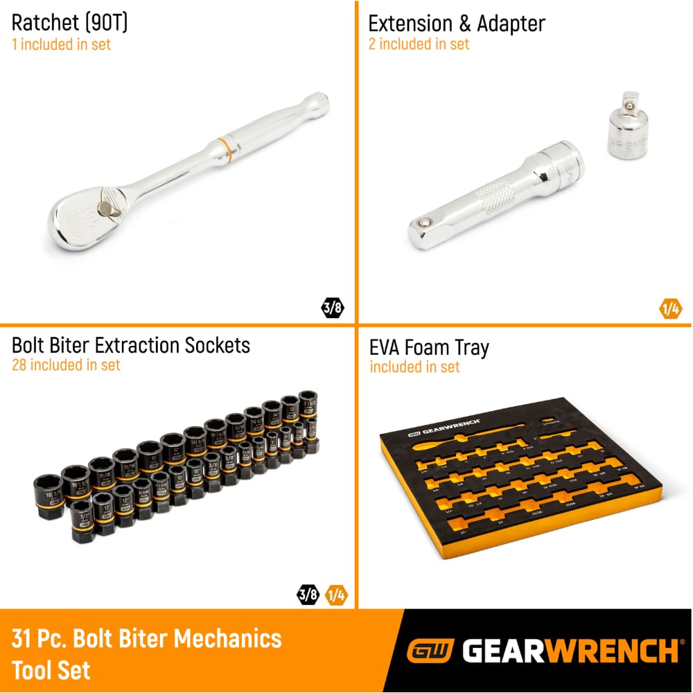 GearWrench 86525 31 Pc. 3/8" Drive 90T Ratchet and Bolt Biter Socket Set MM/SAE with EVA Foam Tray - 2