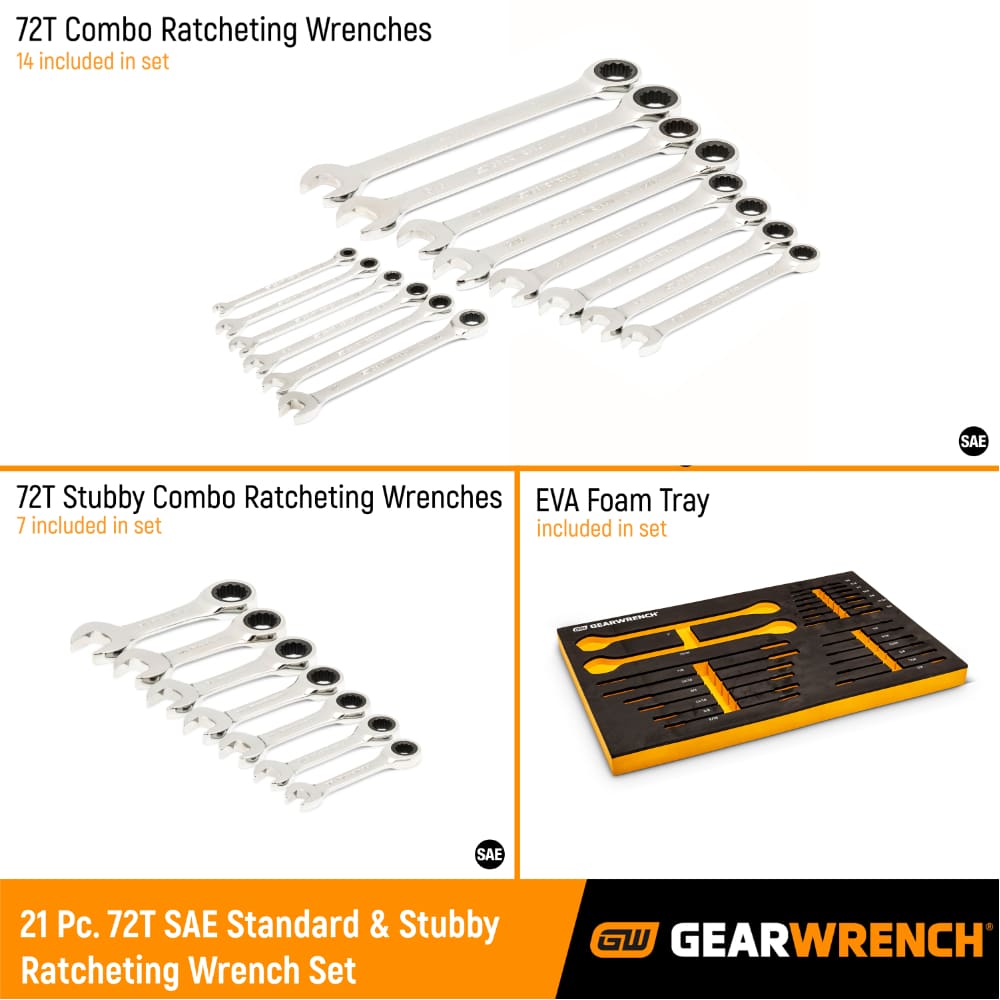 GearWrench 86526 21 Pc. 72-Tooth 12 Point SAE Standard & Stubby Combination Ratcheting Wrench Set with EVA Foam Tray - 2