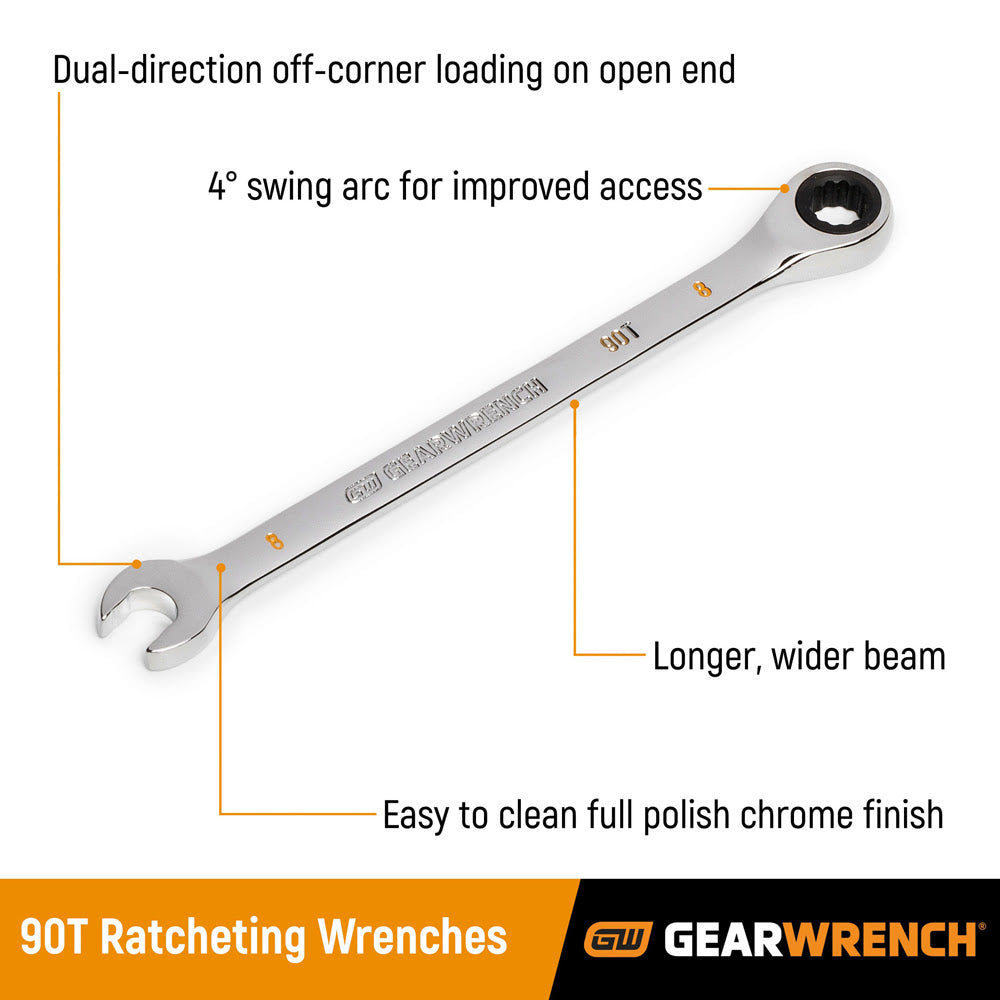 GearWrench 86908 8mm 90-Tooth 12 Point Ratcheting Combination Wrench - 2