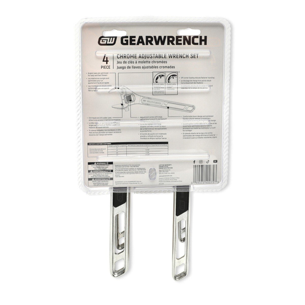 GearWrench 89755 Chrome Adjustable Wrench Set with 6" 8" 10" 12" Wrenches (4 Piece Set) - 6