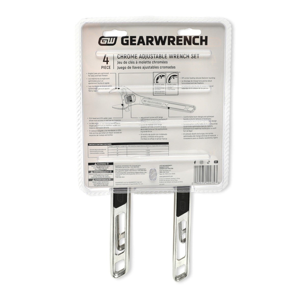 GearWrench 89755 Chrome Adjustable Wrench Set with 6" 8" 10" 12" Wrenches (4 Piece Set) - 6