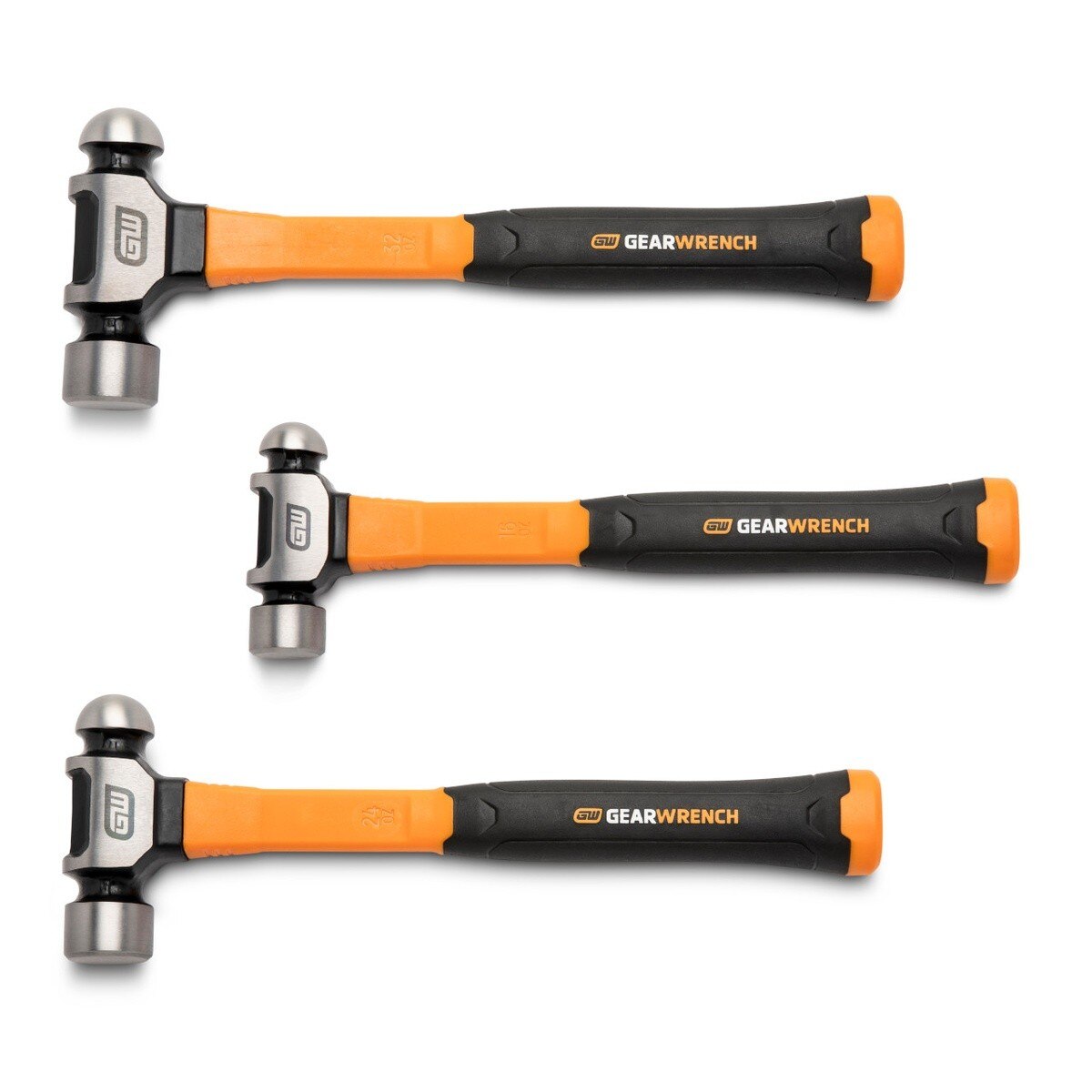 GearWrench GWH3PCBP Ball Pein Hammer Set with Fiberglass Handles 16 oz 24 oz 32 oz (3 Piece Set)