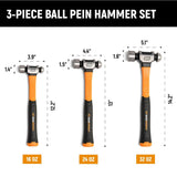 GearWrench GWH3PCBP Ball Pein Hammer Set with Fiberglass Handles 16 oz 24 oz 32 oz (3 Piece Set) - 2