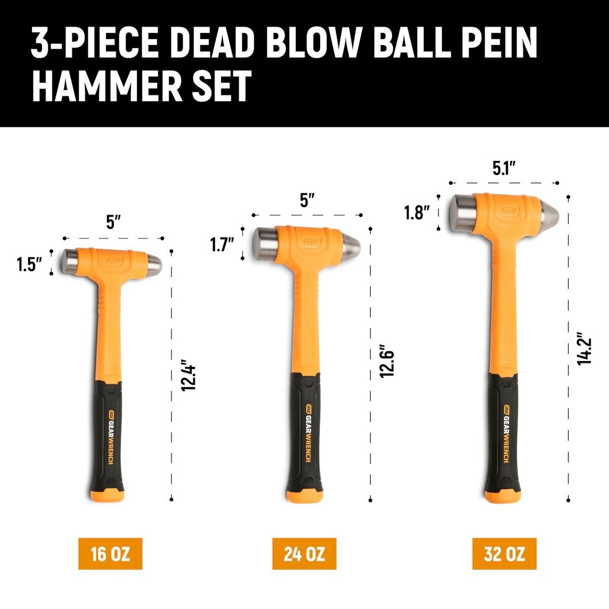 GearWrench GWH3PCDBBP Dead Blow Ball Pein Hammer Set with Steel Shot Core (3 Piece Set) - 3