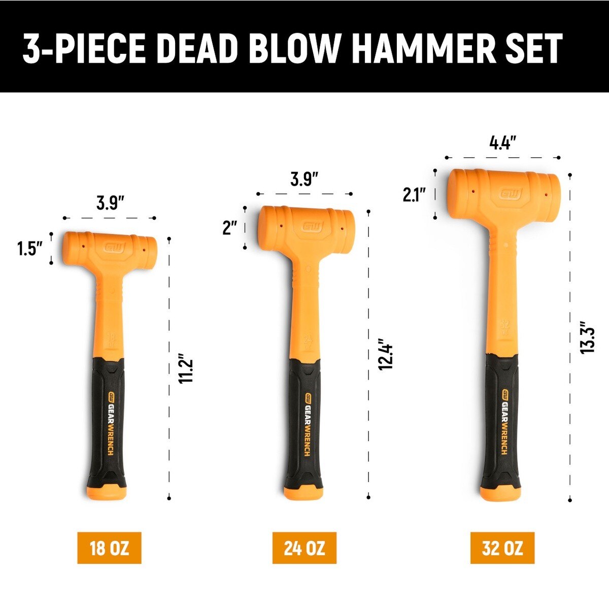 GearWrench GWH3PCDB Dead Blow Hammer Set with Steel Shot Core and Polyurethane Coating (3 Piece Set) - 2