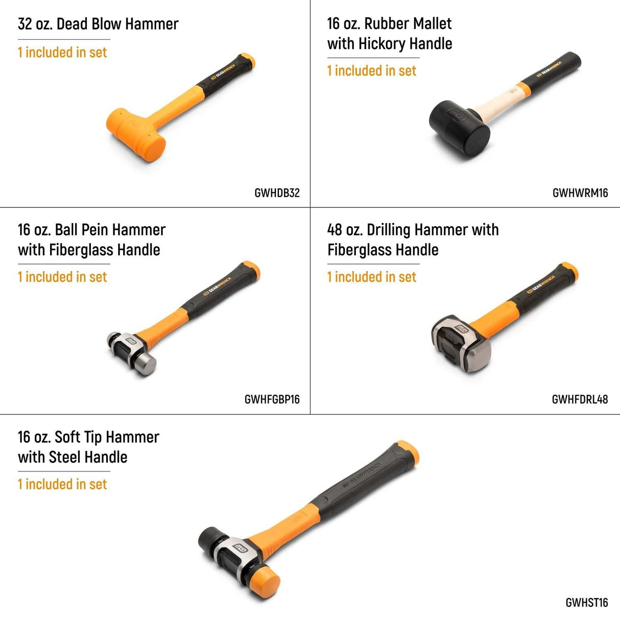 GearWrench GWH5PCMS Mixed Hammer Set in Foam Storage Tray (5 Piece) - 5