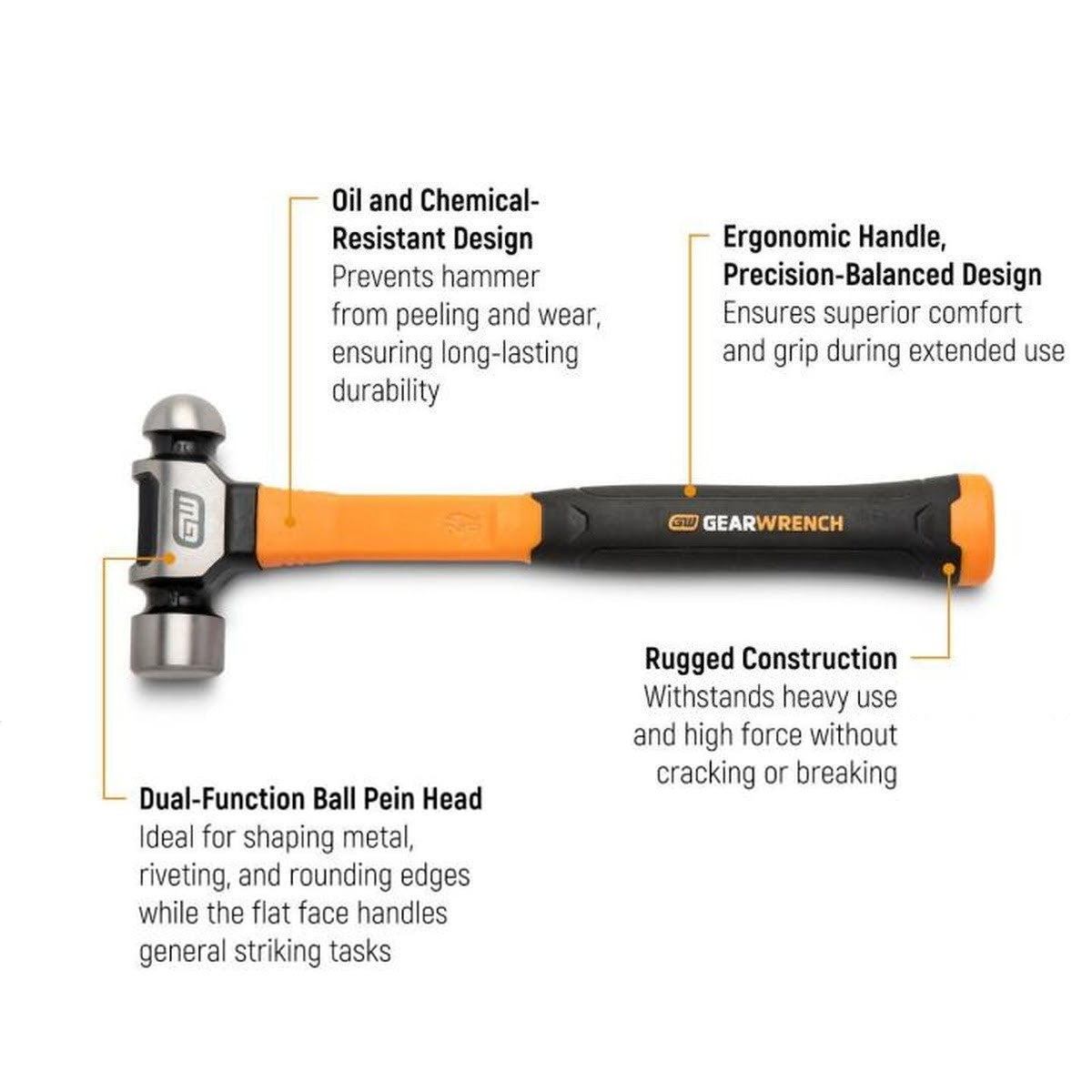 GearWrench GWHFGBP8 8 oz Ball Pein Hammer Fiberglass Handle 11.7 in L - 2