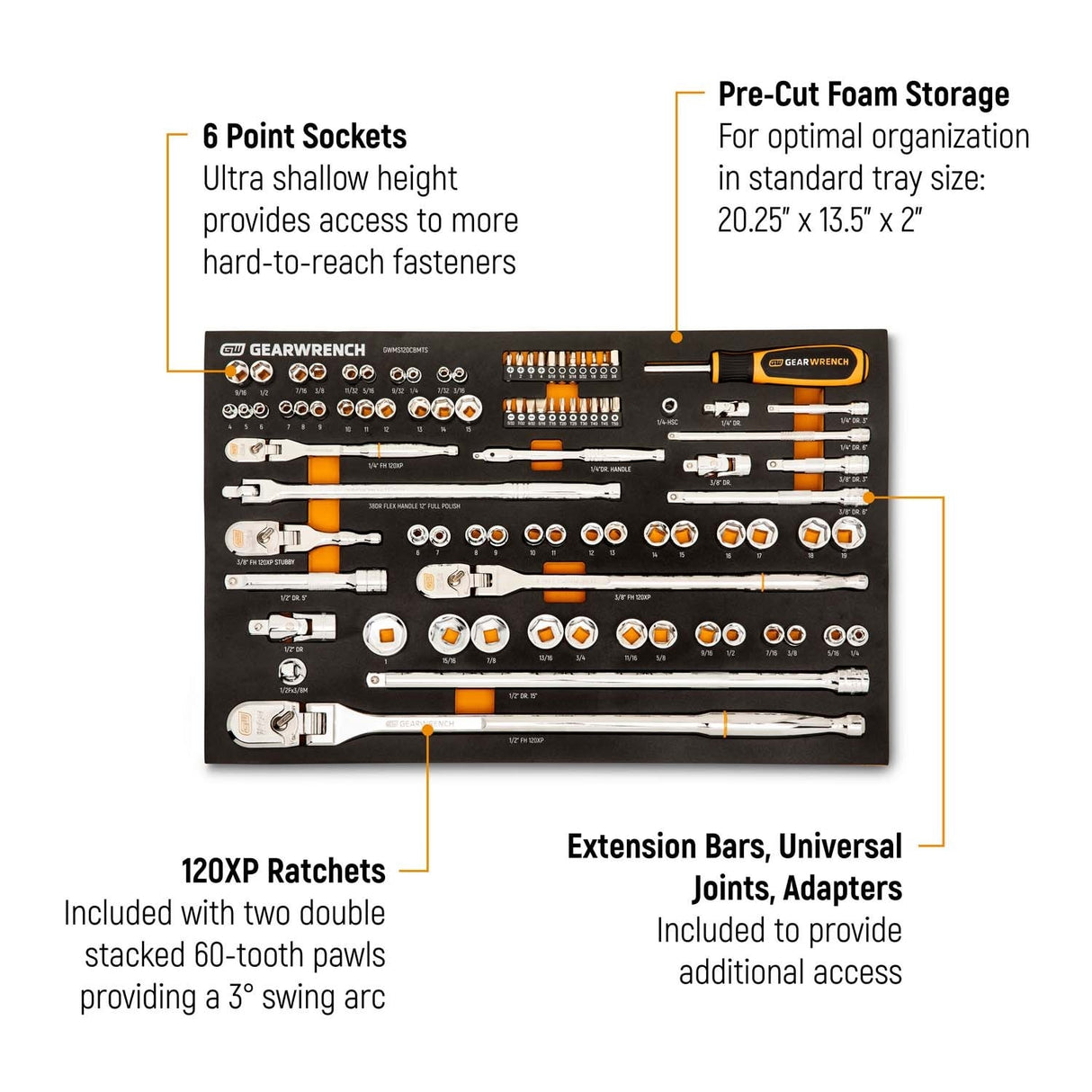 GearWrench GWMS120CBMTS 120XP 1/4 in 3/8 in 1/2 in Drive Mechanics Tool Set in Foam Tray (89 Piece) - 2