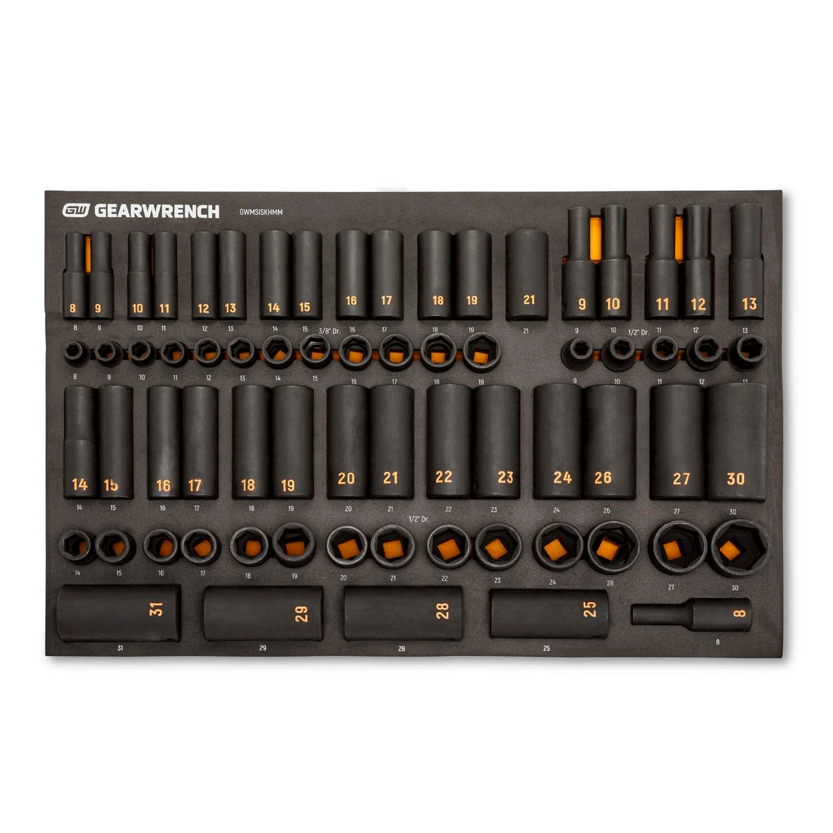 GearWrench GWMSISKHMM 3/8 in and 1/2 in Drive 6 Point Metric Standard and Deep Hi-Viz Impact Socket Set with Foam Storage Tray 20.25 in x 13.5 in x 2.0 in (68 Piece) - 4