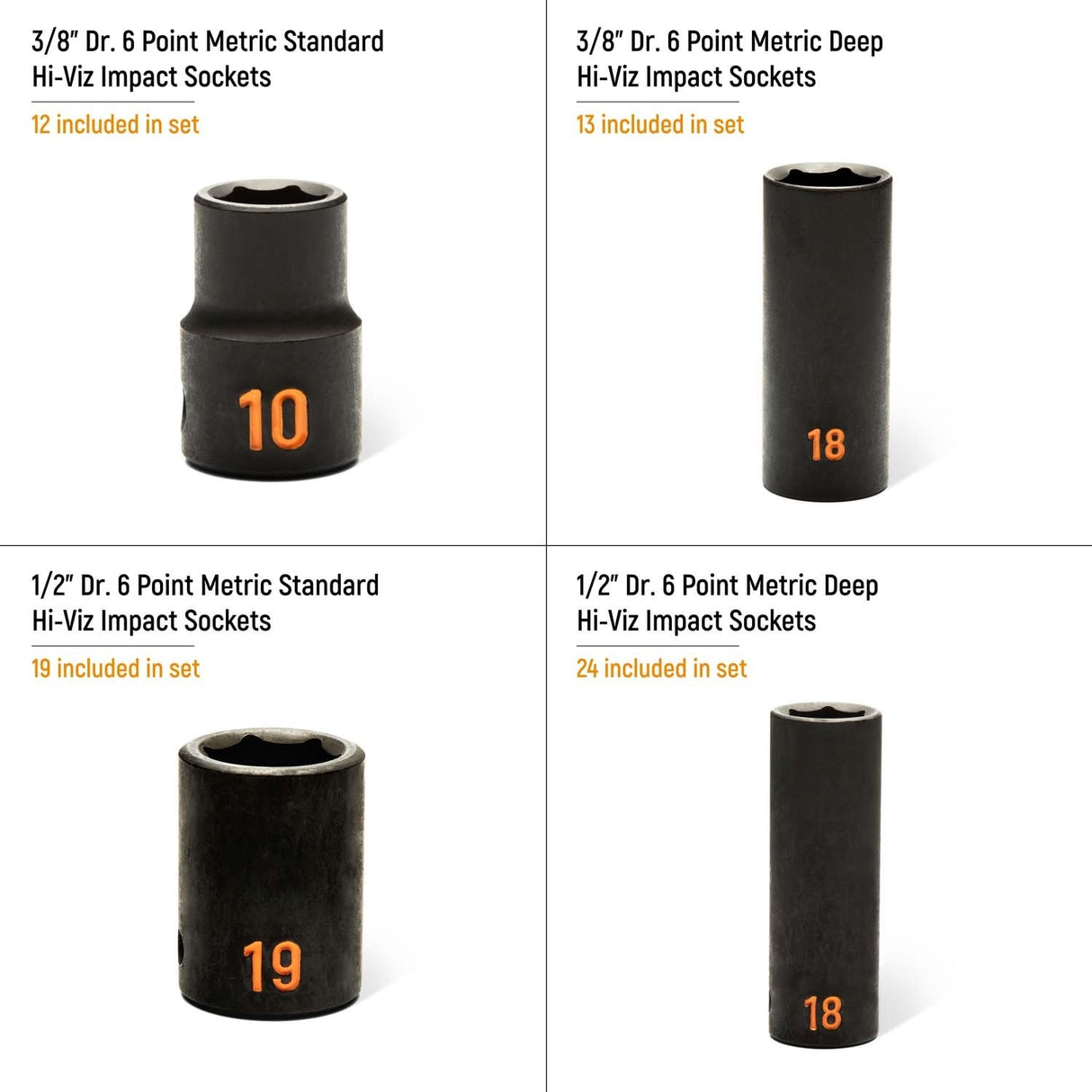 GearWrench GWMSISKHMM 3/8 in and 1/2 in Drive 6 Point Metric Standard and Deep Hi-Viz Impact Socket Set with Foam Storage Tray 20.25 in x 13.5 in x 2.0 in (68 Piece) - 5