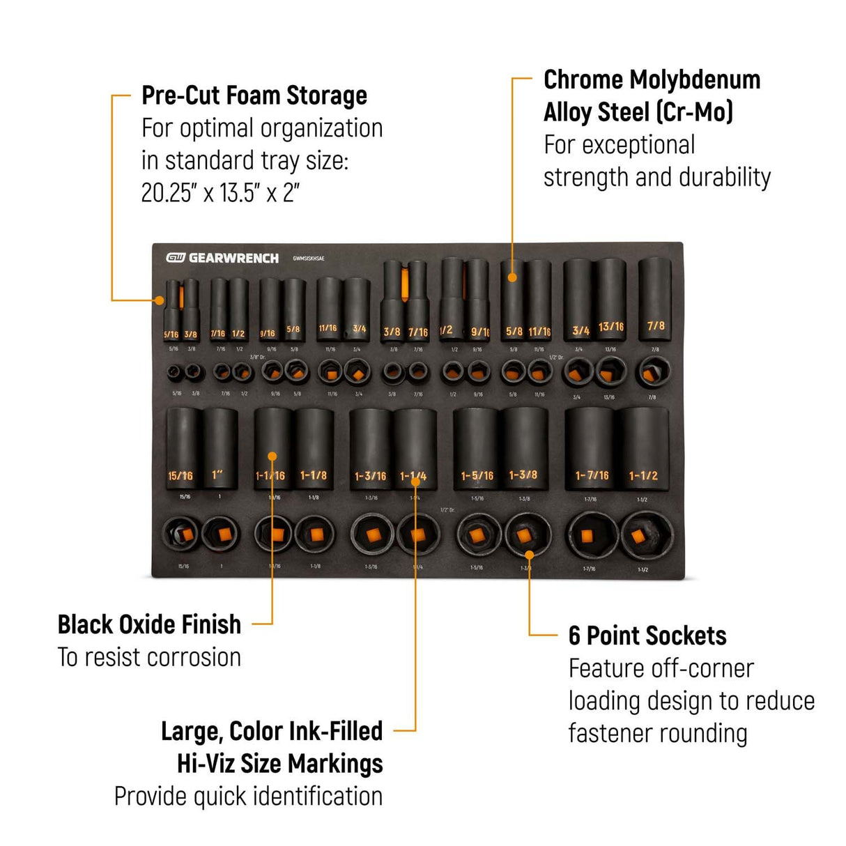 GearWrench GWMSISKHSAE 3/8 in and 1/2 in Drive 6 Point SAE Hi-Viz Impact Socket Set with Foam Tray (54 Piece) - 2