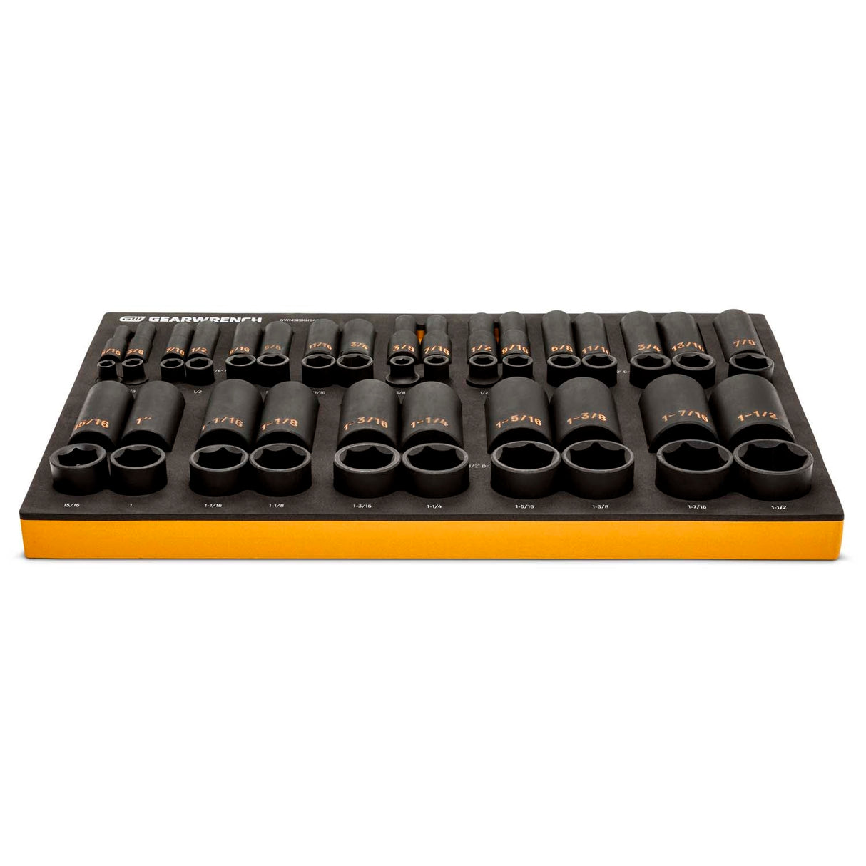GearWrench GWMSISKHSAE 3/8 in and 1/2 in Drive 6 Point SAE Hi-Viz Impact Socket Set with Foam Tray (54 Piece) - 3