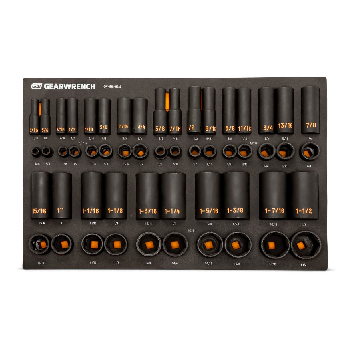 GearWrench GWMSISKHSAE 3/8 in and 1/2 in Drive 6 Point SAE Hi-Viz Impact Socket Set with Foam Tray (54 Piece) - 4